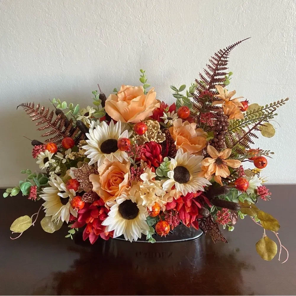 Faux Floral Bouquet With Peach Roses/Cream Sunflowers